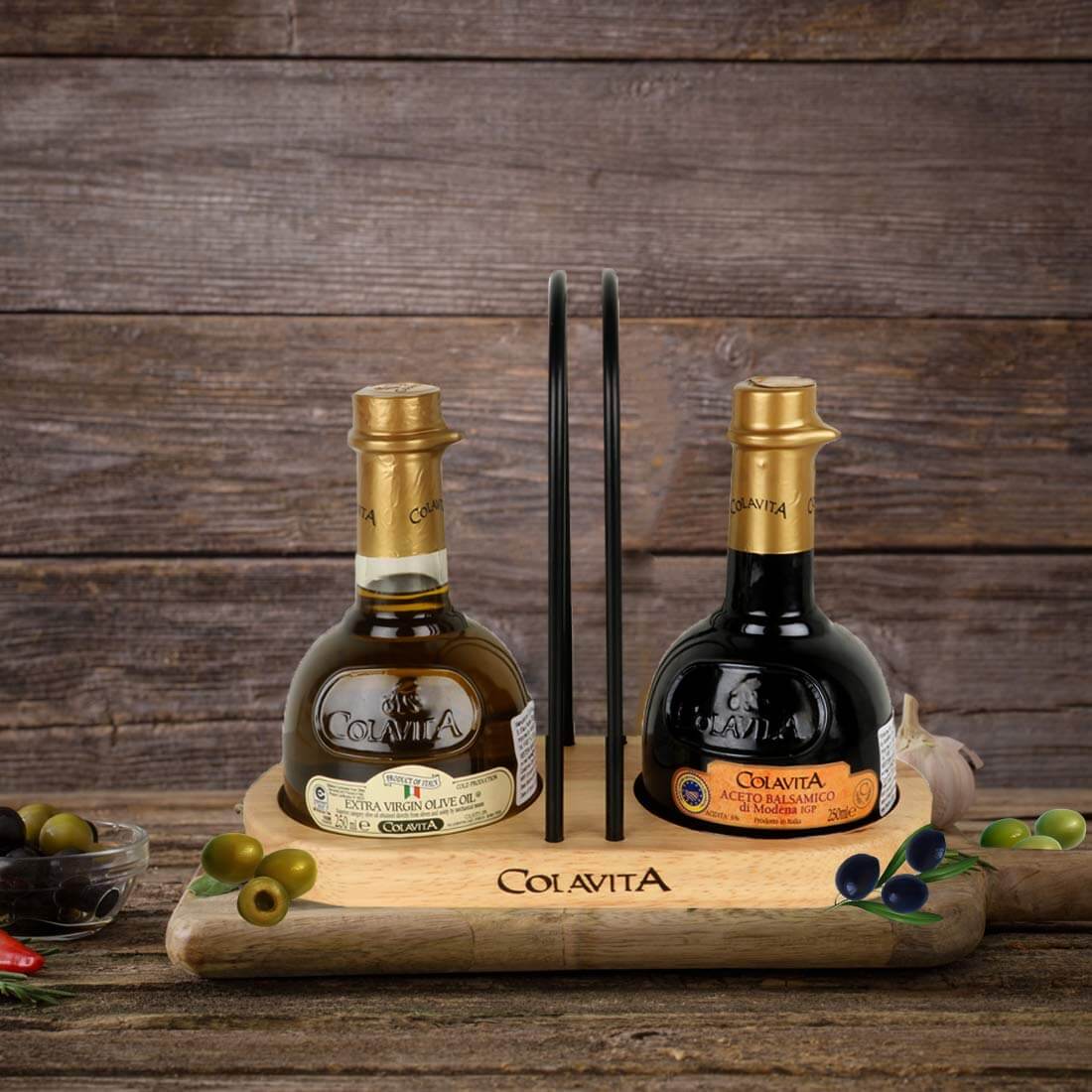 Colavita Extra Virgin Olive Oil & Balsamic Vinegar Premium Wooden Cruet Set