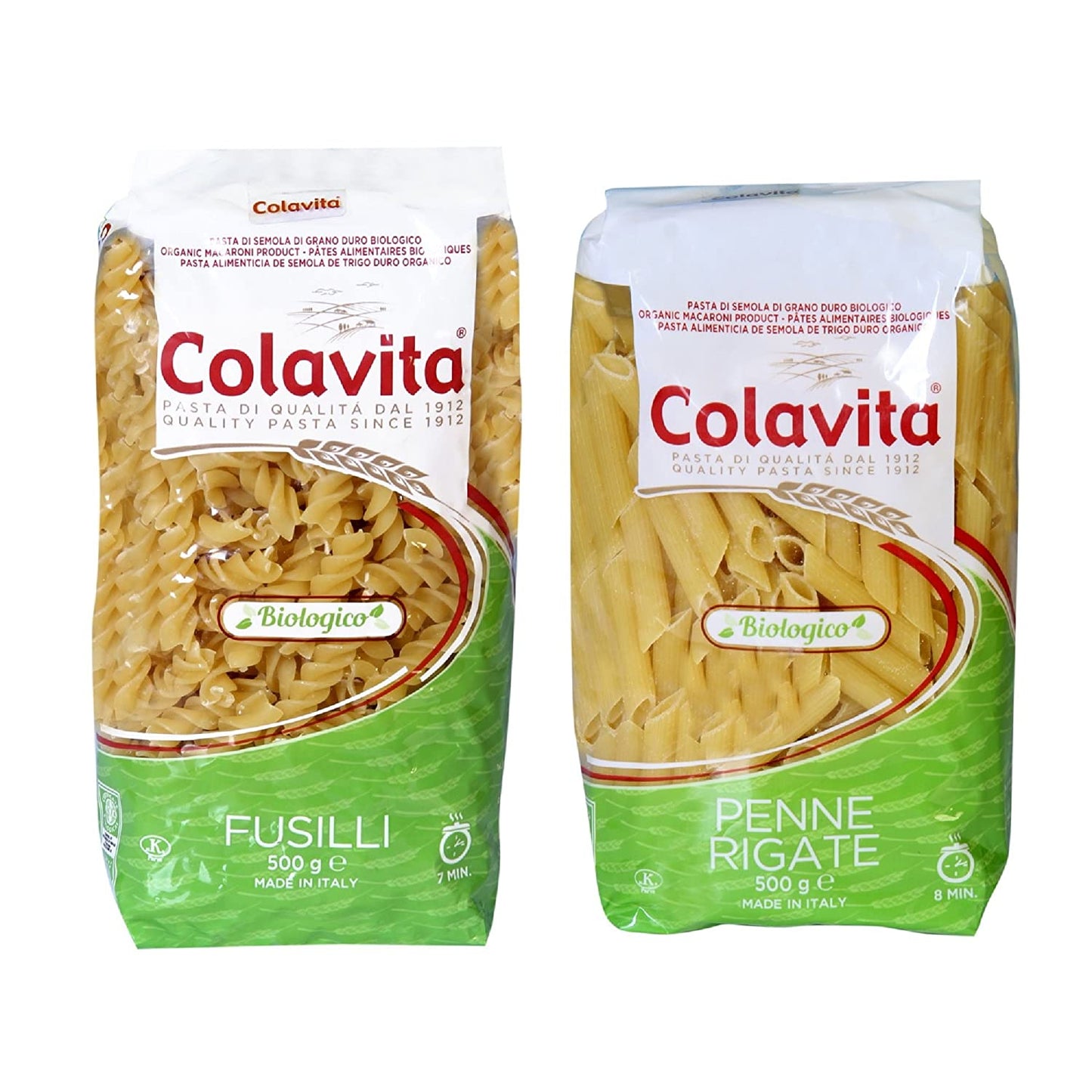Colavita Pasta Fusilli 500g and Penne 500g -Organic Durum Wheat (Combo Pack of 2)